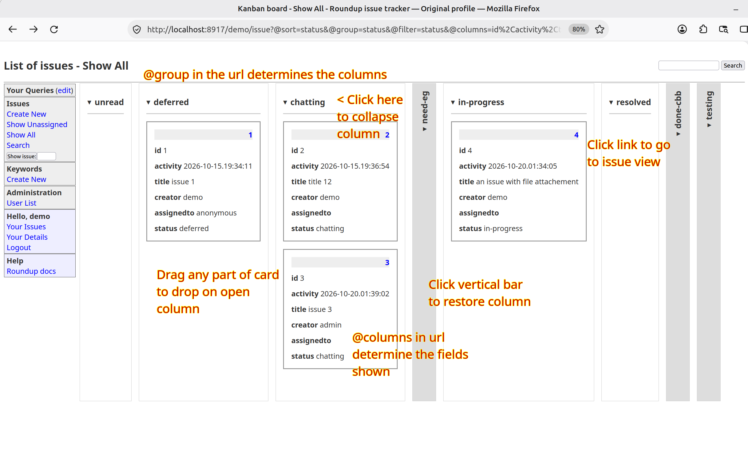Kanban board in classic tracker with status columns. Come columns are collapsed. Overlaid text describes how to use it.